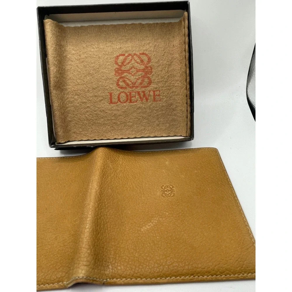 Loewe Vintage Tan Pebbled Leather Bifold Wallet Brown Interior Anagram Box#840